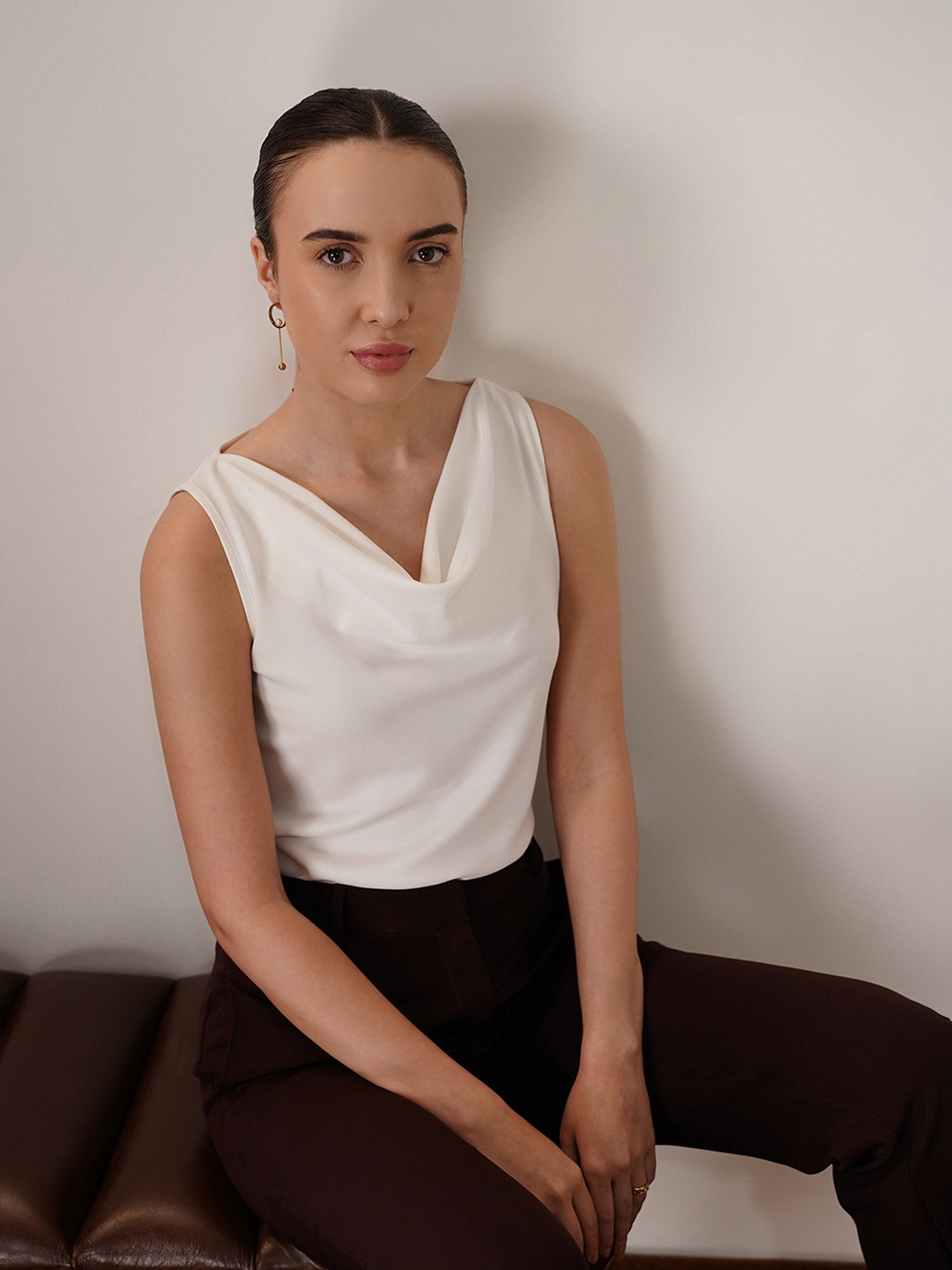 FABLE STREET Women White Cowl Neck A-Line Top