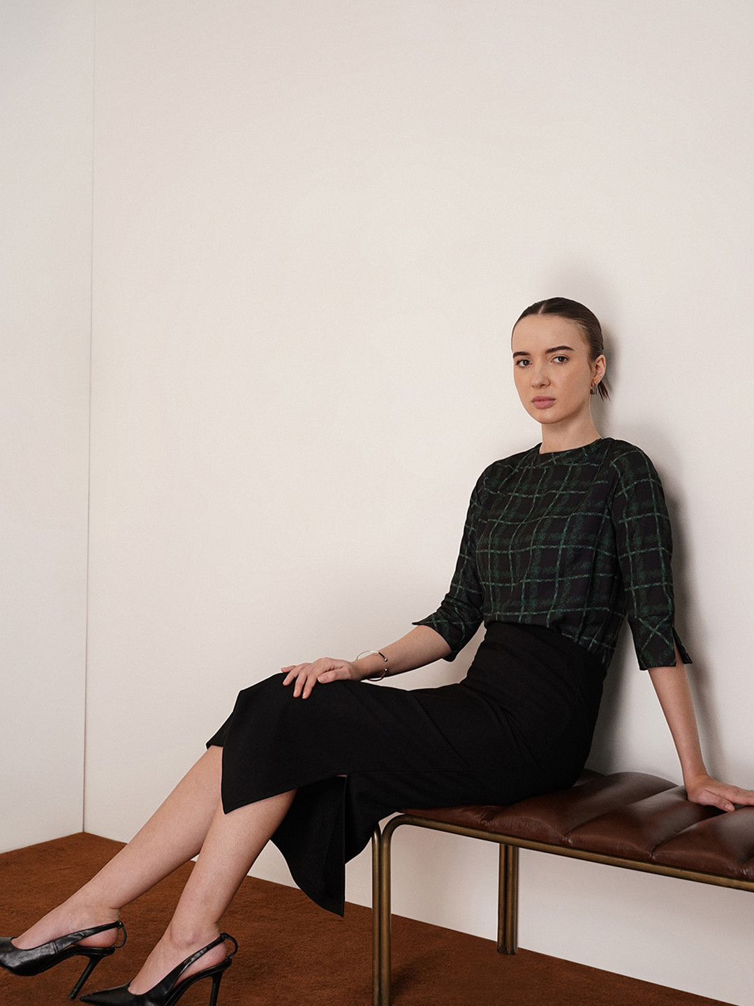 FABLE STREET Women Black & Green Checked A-Line Top