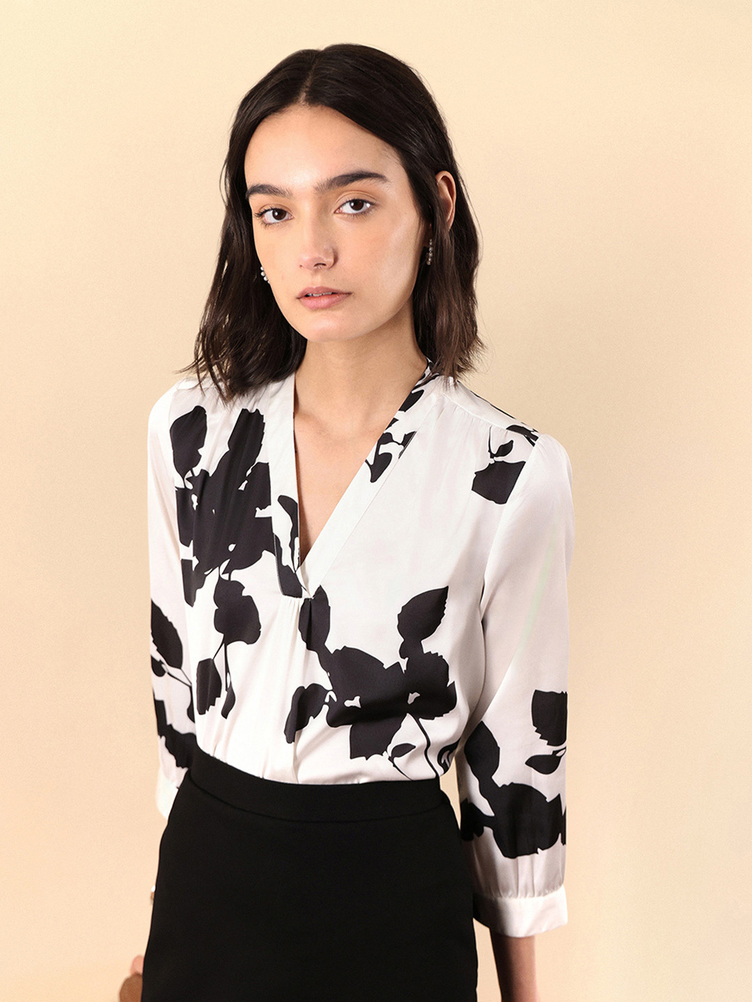 FABLE STREET Women White & Black Floral Print Satin Top