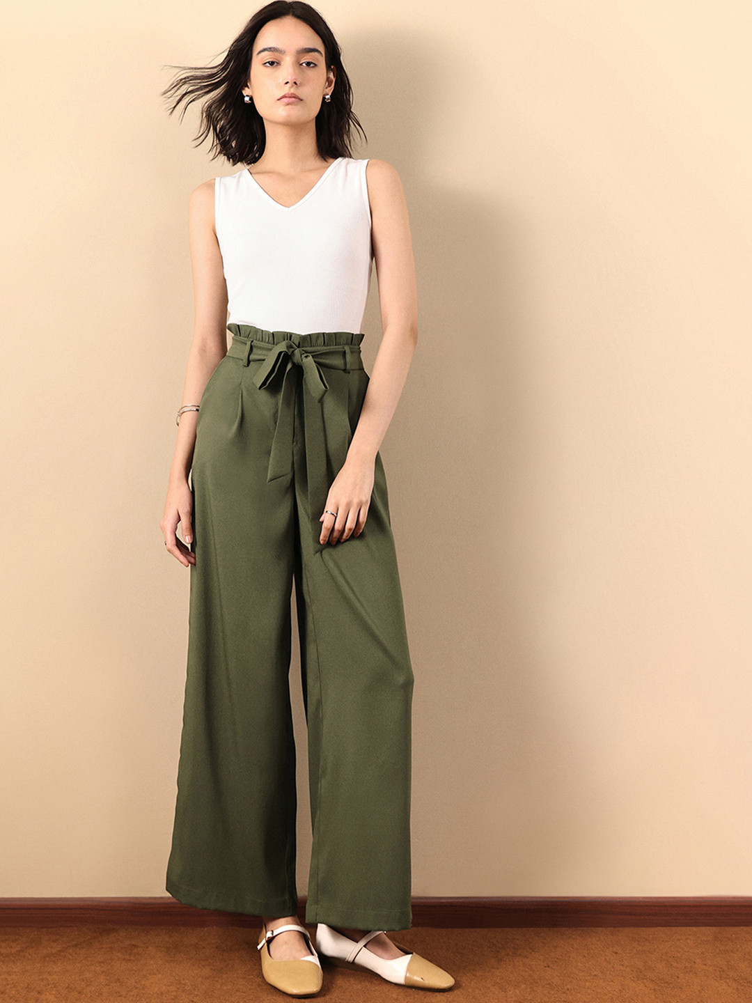 FABLE STREET Women Olive Green Flared Solid Parallel Trousers