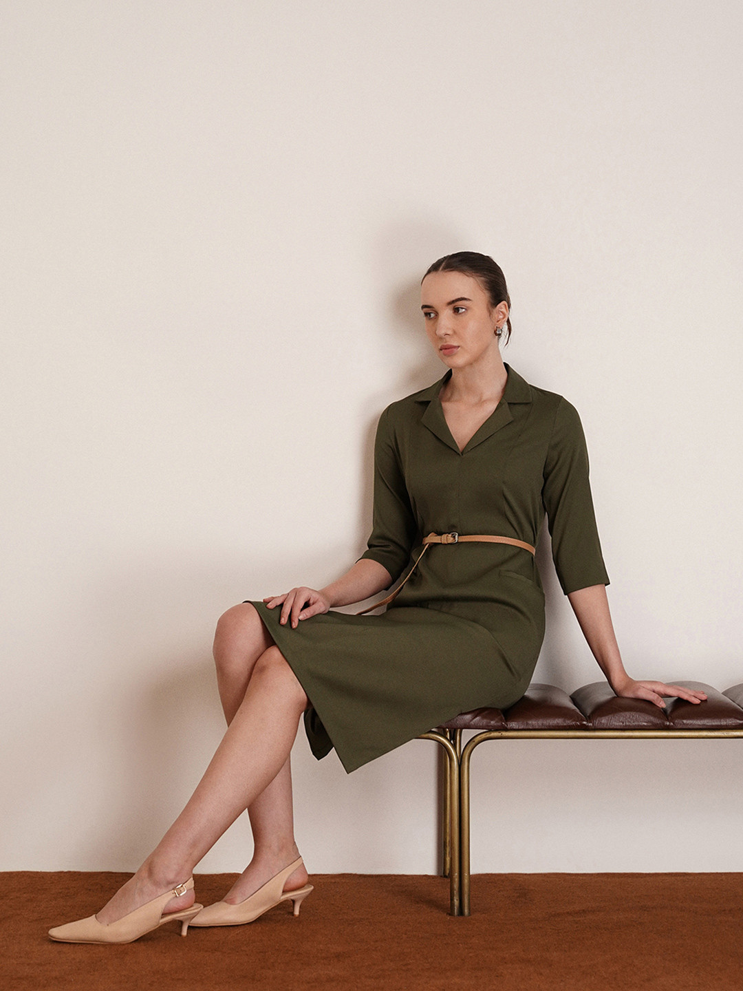FABLE STREET Women Solid Olive Green A-Line Dress