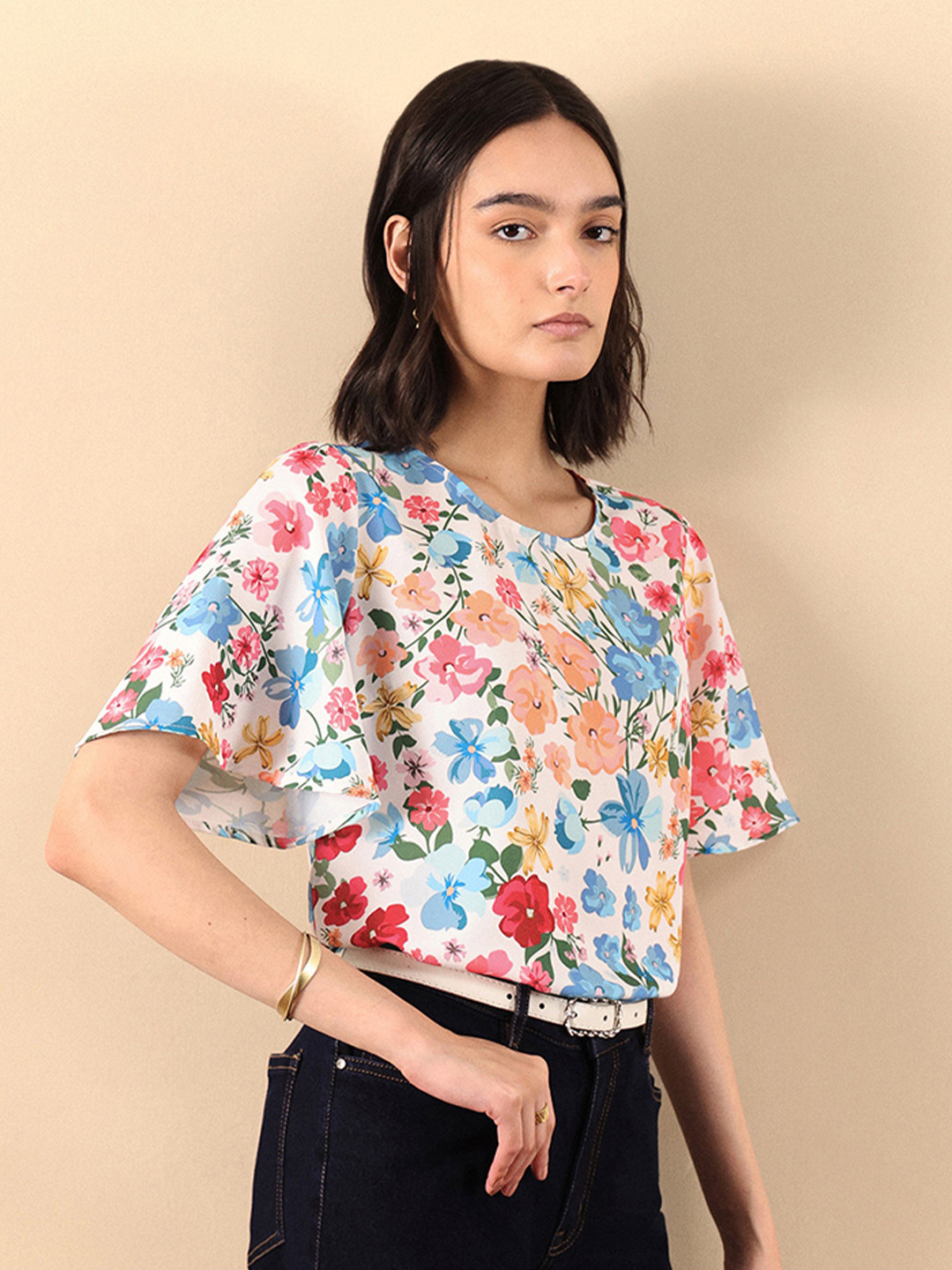 FABLE STREET Floral Print Flared Sleeves White Top