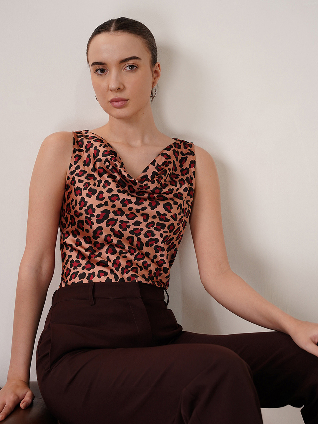 FABLE STREET Animal Print Cowl Neck Pink Top