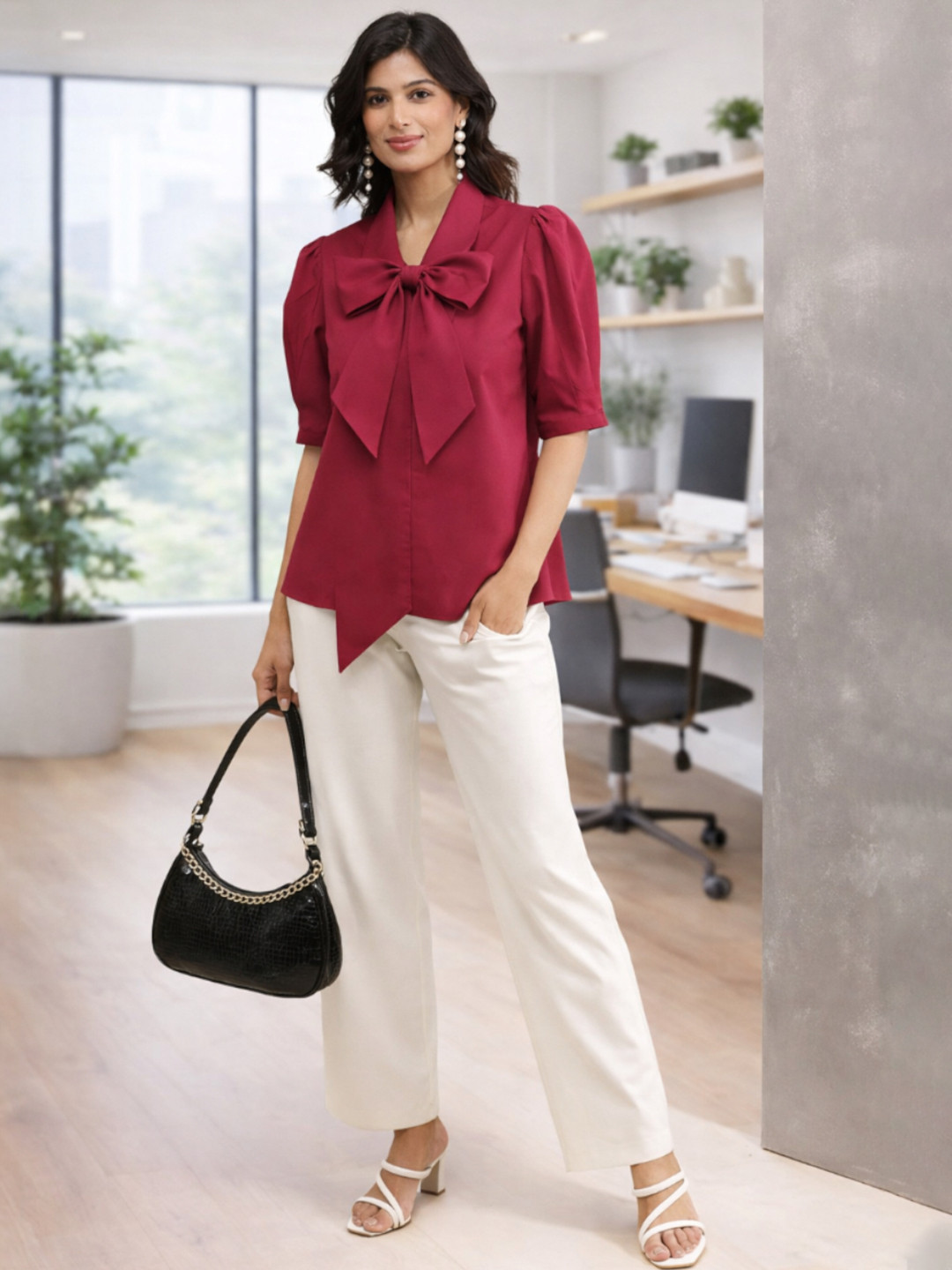 

ARAVALII Women Solid Tie-Up Neck Shirt Style Top, Fuchsia
