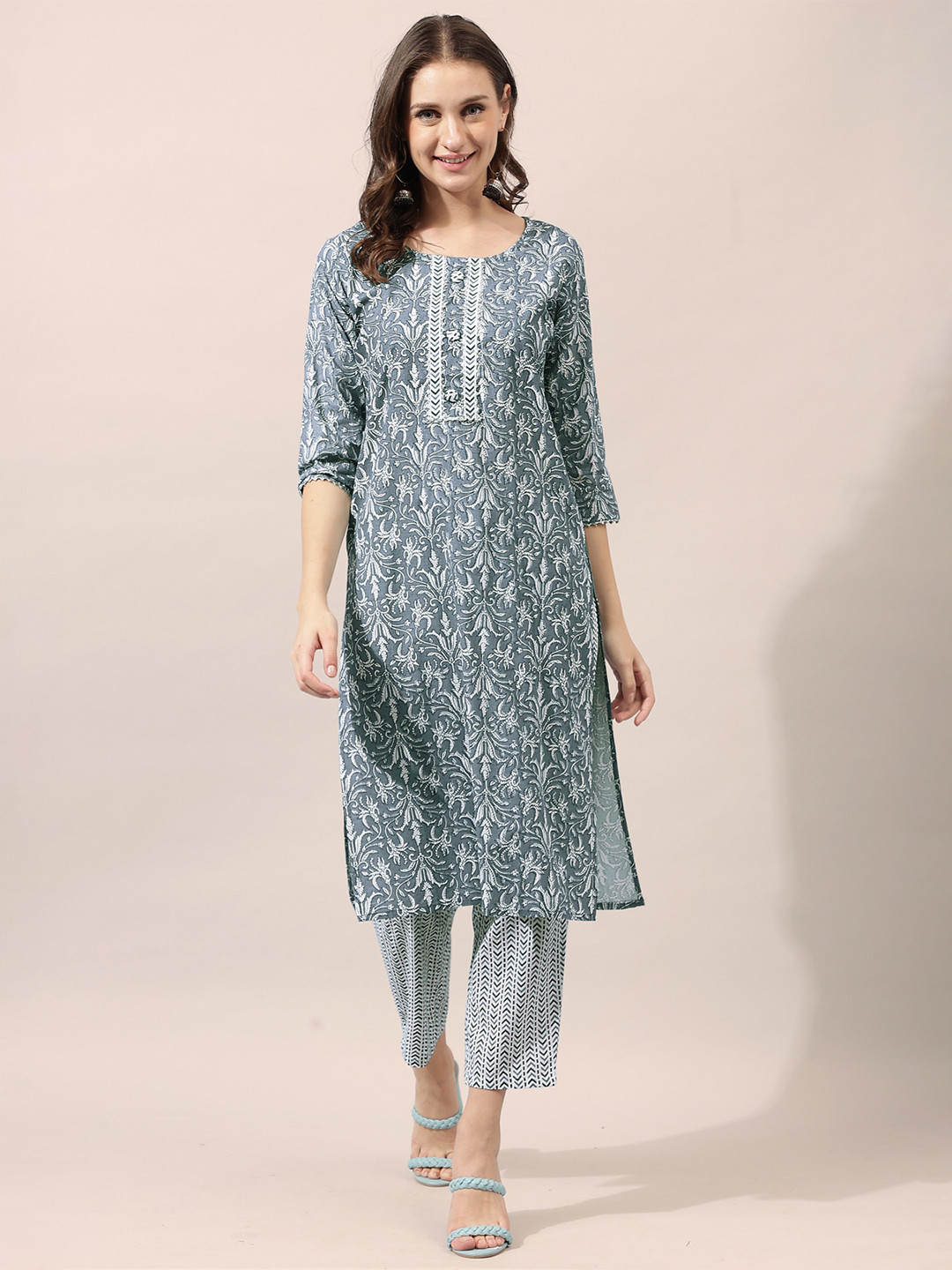 KALINI Grey Ethnic Motifs Printed Gotta Patti Pure Cotton Kurta with Trousers