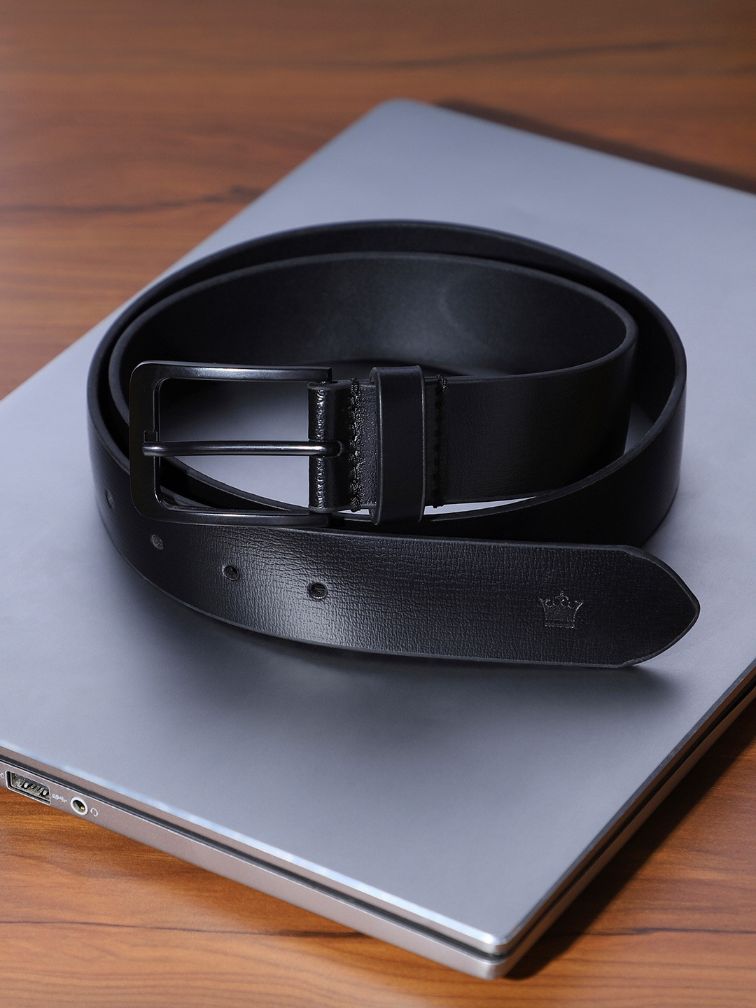 Louis Philippe Men Italian Leather Matt Black Zinc Alloy Buckle Formal Profile Belt