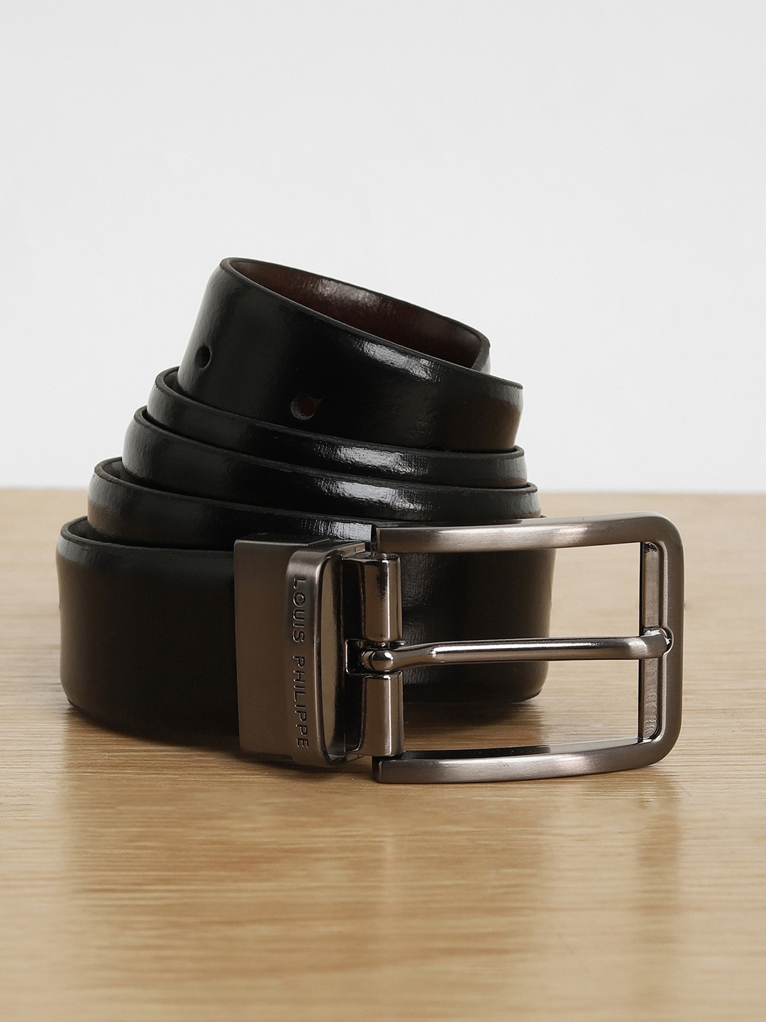 Louis Philippe Men Italian Leather Brush Gun Metal Buckle Formal Reversible Belt