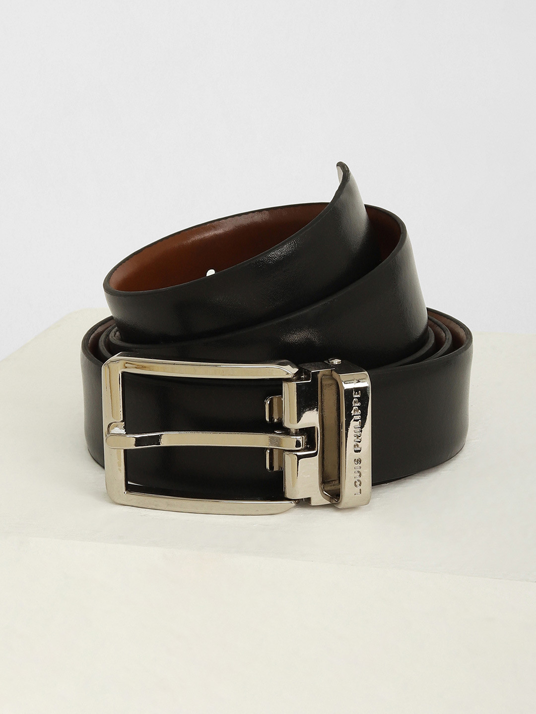 Louis Philippe Men Italian Leather Shiny Nickel Buckle Formal Reversible Belt