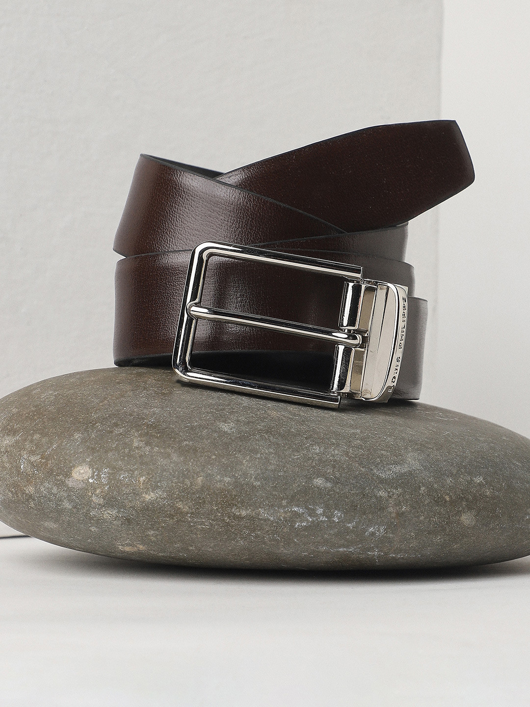 Louis Philippe Men Italian Leather Brush Gun Metal Buckle Formal Reversible Belt