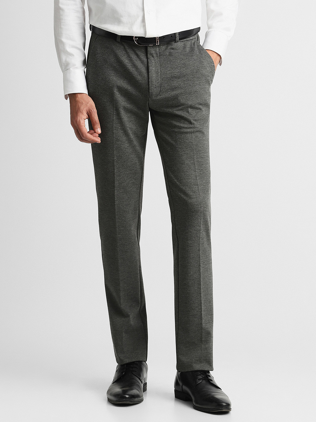 Peter England Men Grey Textured Slim Fit Trousers