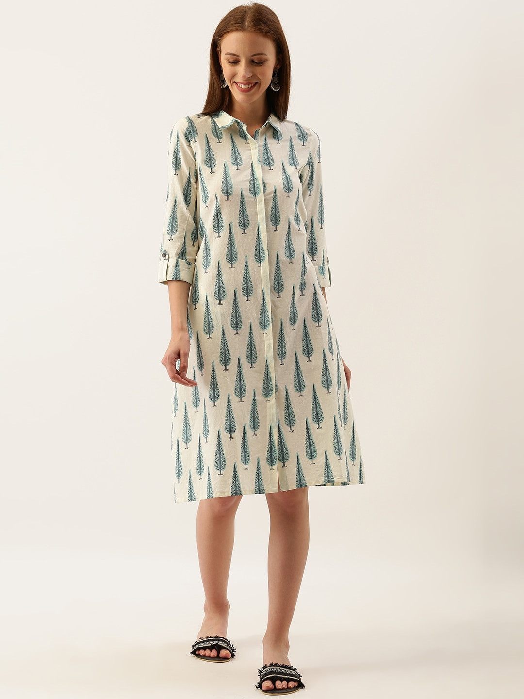 Taavi Women Off-White & Blue Sanganeri Block Print Shirt Sustainable Dress with Back Tie-Up & Pocket