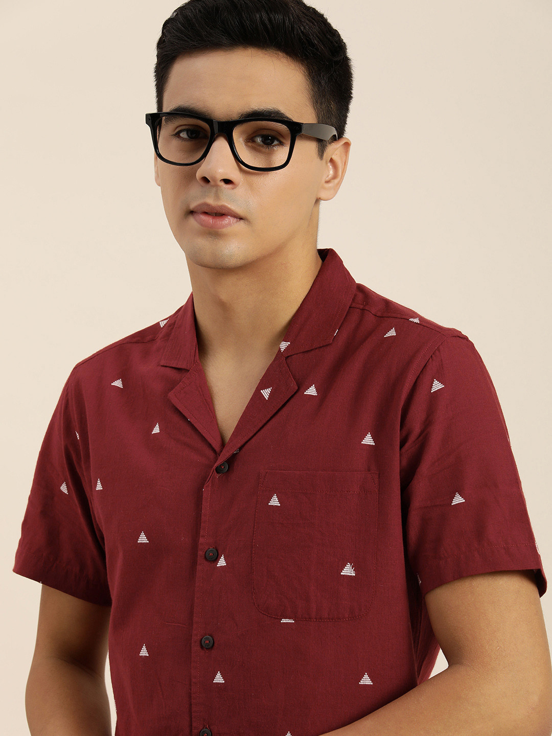 Taavi Men Maroon Regular Fit Geometric Opaque Self Design Pure Cotton Woven Legacy Shirt