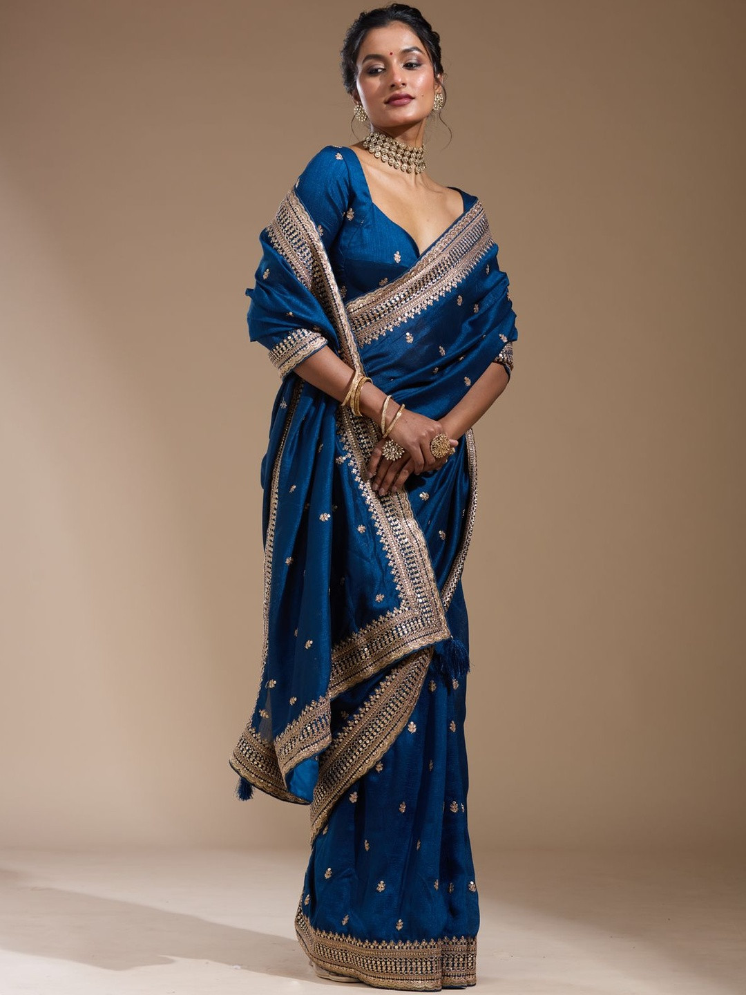 Koskii Women Cording Peacock Blue Soft Raw Silk Saree With Unstitched Blouse