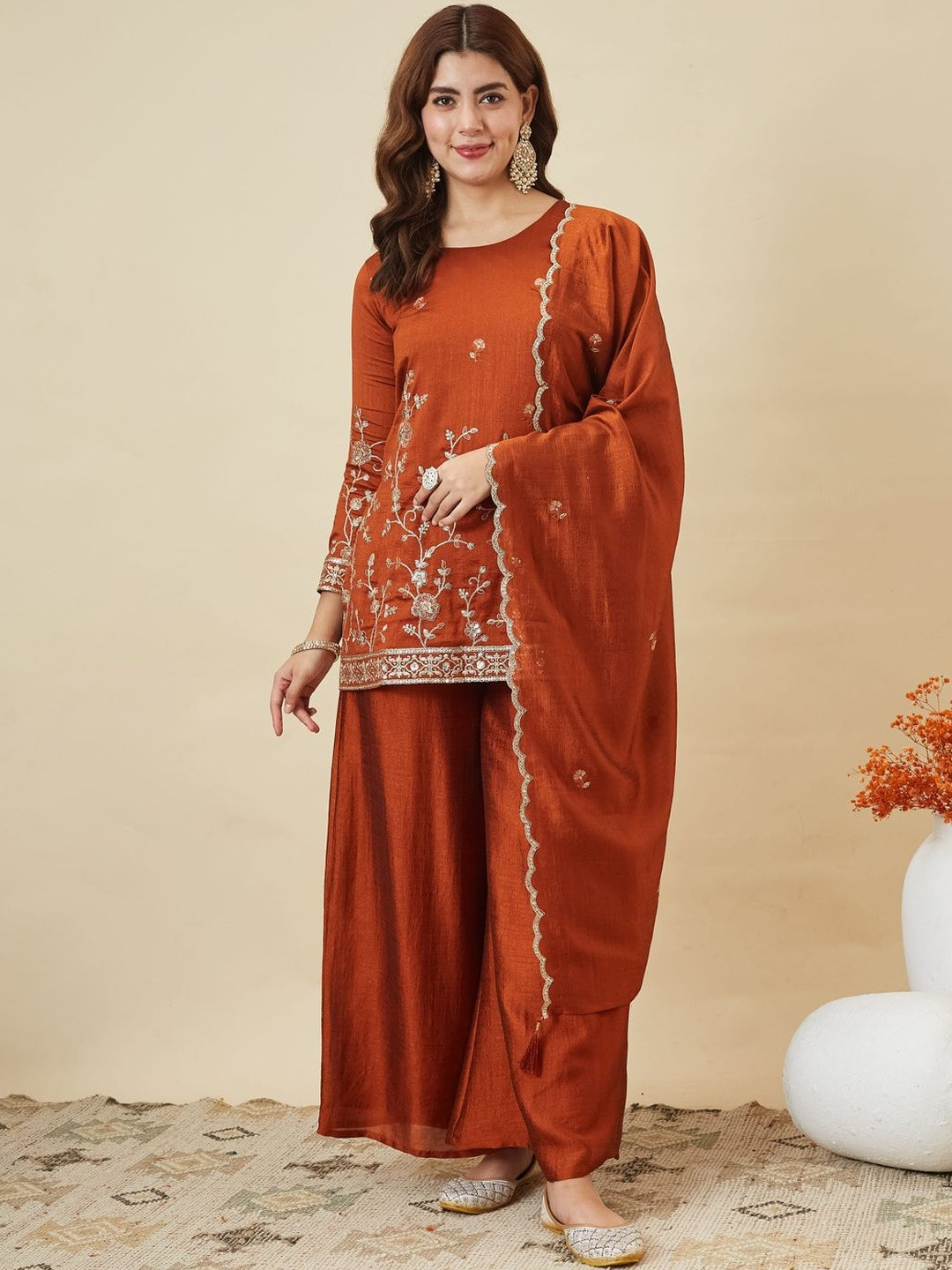 Colors of Earth Ethnic Motifs Embroidered Pure Silk Kurta With Palazzos & Dupatta