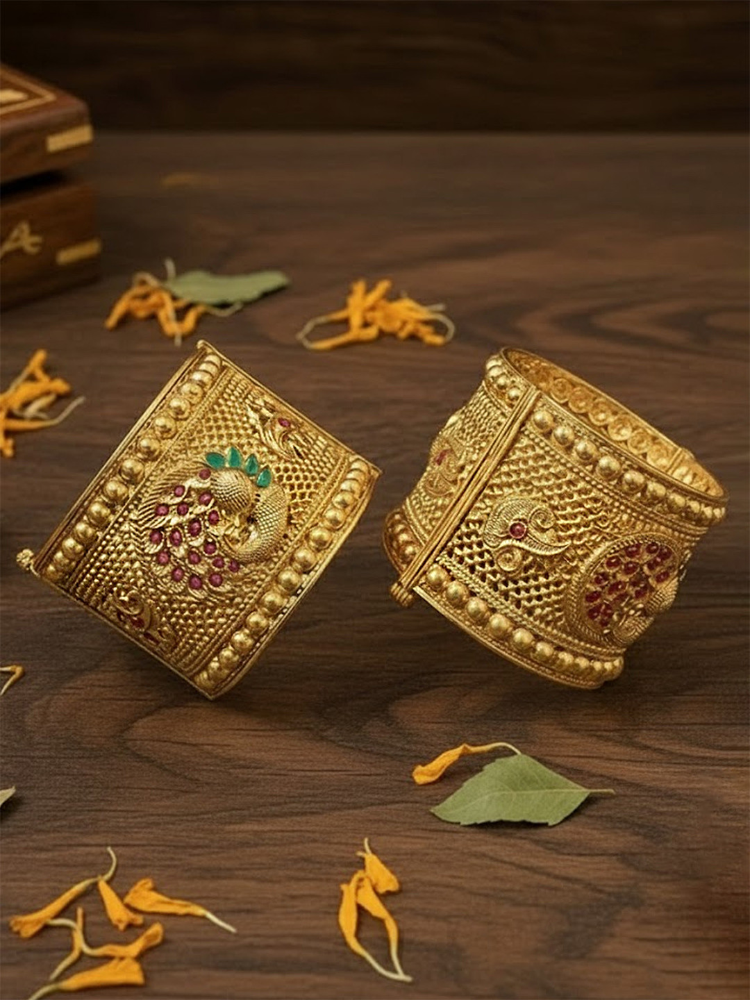 Adwitiya Collection Women Set Of 2 24 CT Gold-Plated Red & Green Stone Studded Bangles