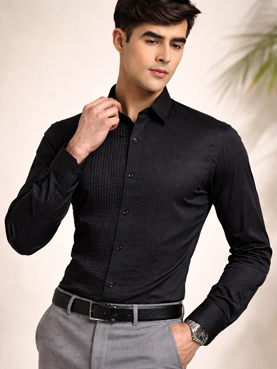 Hancock Men Tuxedo Pin Tucked Satin Pure Cotton Slim Fit Formal Shirt