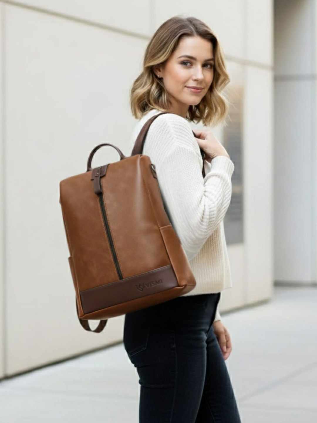 VISMIINTREND Women Tan PU Leather 13" Laptop Backpack Handbag