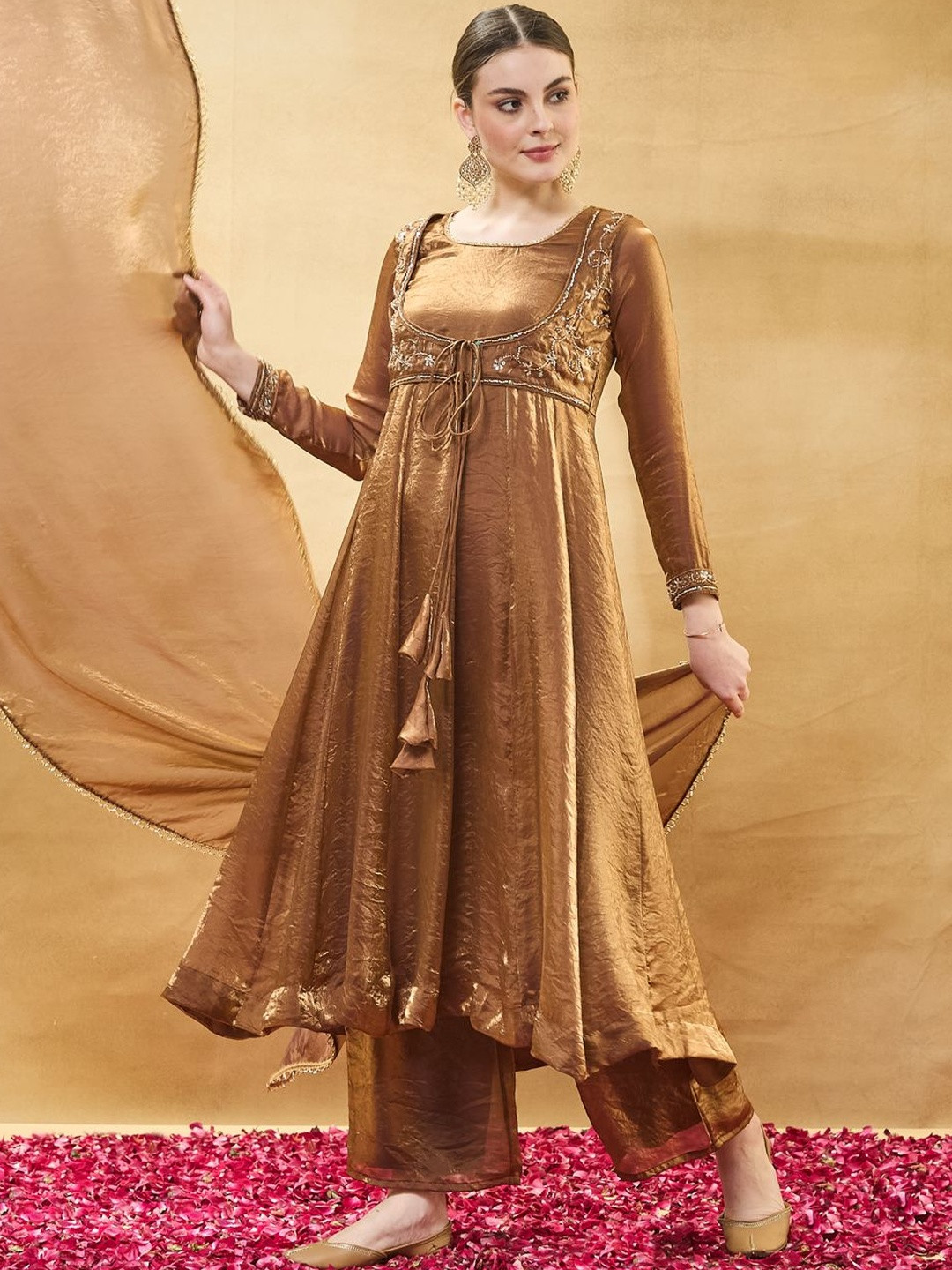 Colors of Earth Silk Embroidered Beadswork Anarkali Kurta Palazzo Set With Dupatta