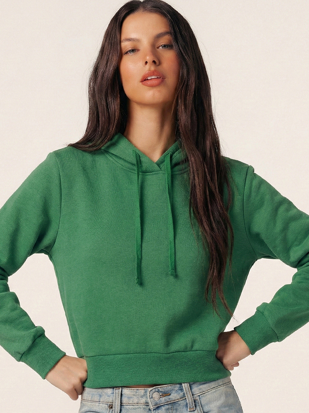 Tokyo Talkies Women Green Solid Hooded Sweatshirt