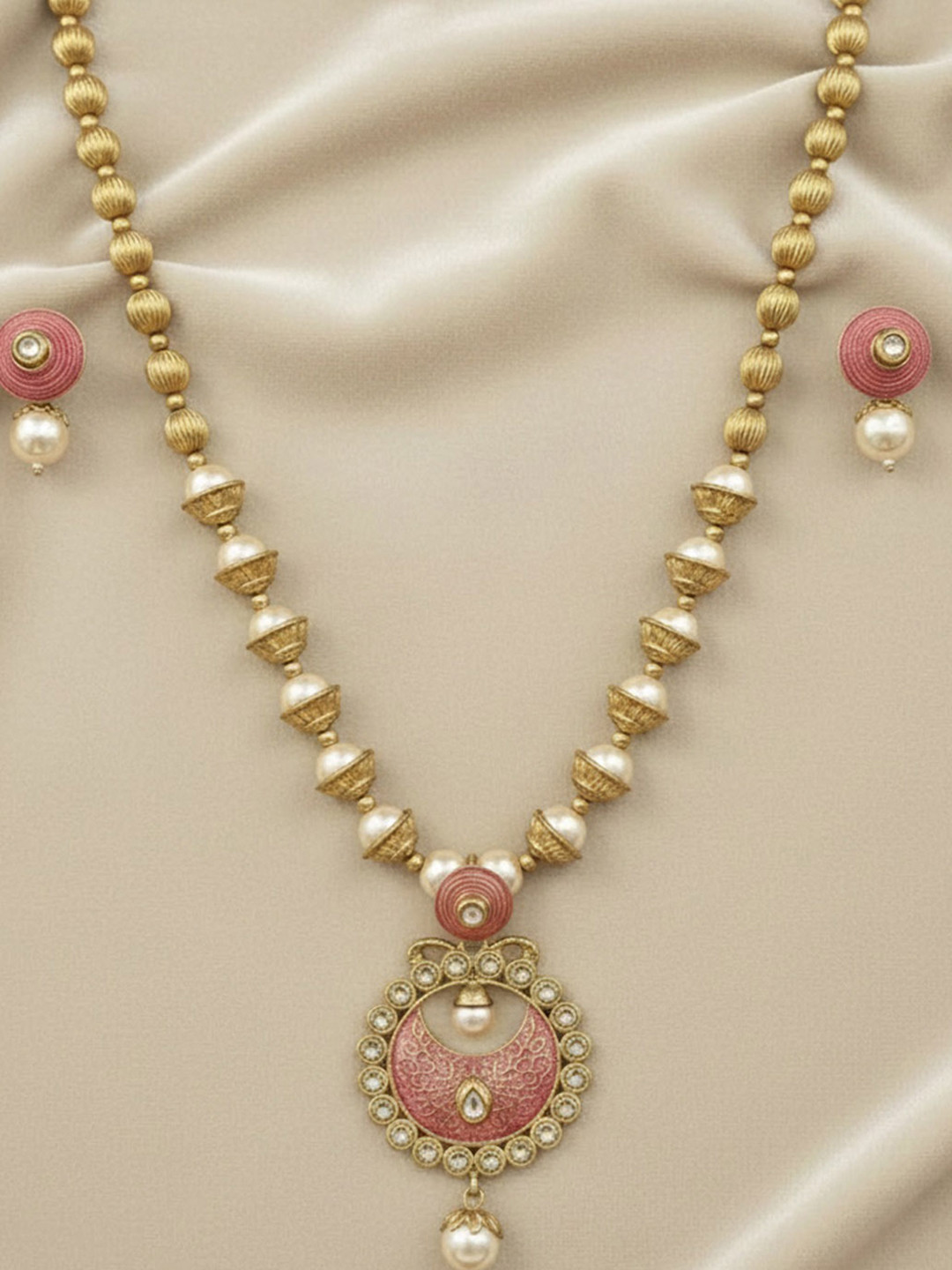 PANASH Women Gold-Plated, Pink Pearls Beaded Enamelled Handcrafted Jewellery Set