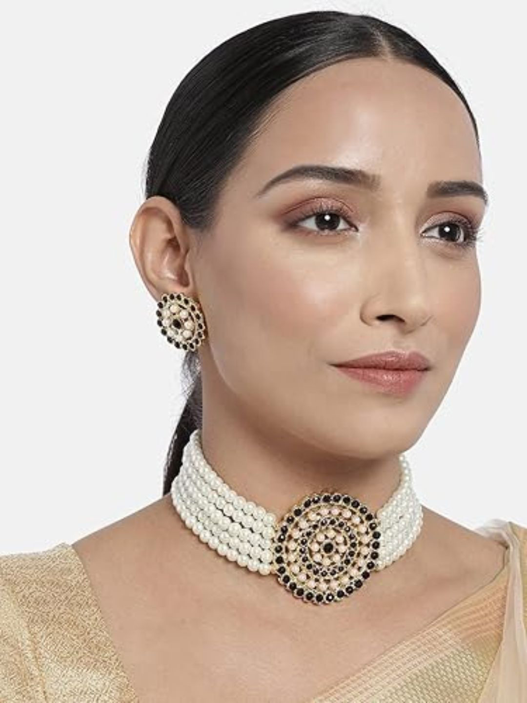 I Jewels White & Black Gold-Plated Beaded Jewellery Set
