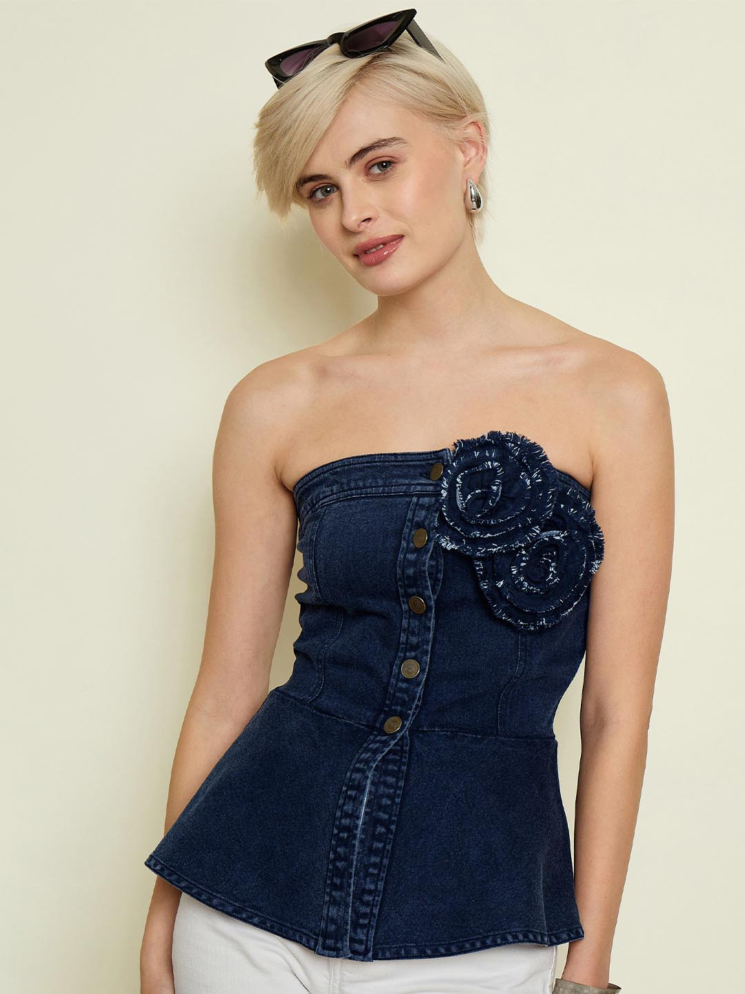 SASSAFRAS Off-Shoulder Cotton Denim Tube Top