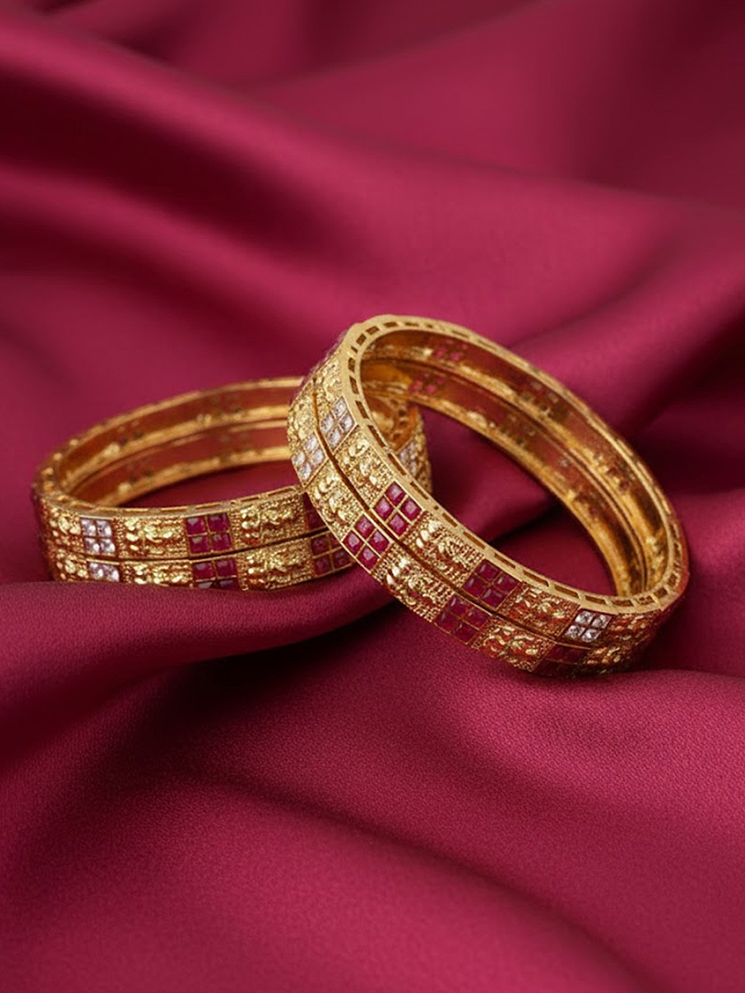 Adwitiya Collection Set of Four 24k Gold-Plated Pink & White Stone-Studded Handcrafted Bangles