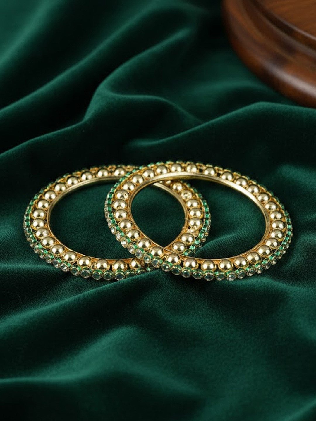 Adwitiya Collection Gold-Plated Green & White Kundan-Studded Bangles