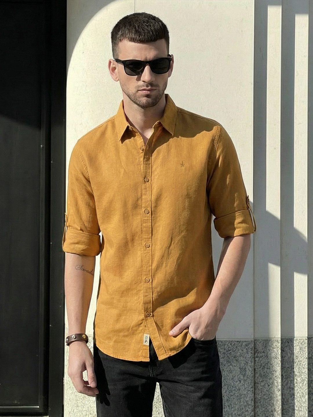 Roadster Men Khaki Solid Linen Regular Fit Casual Shirt
