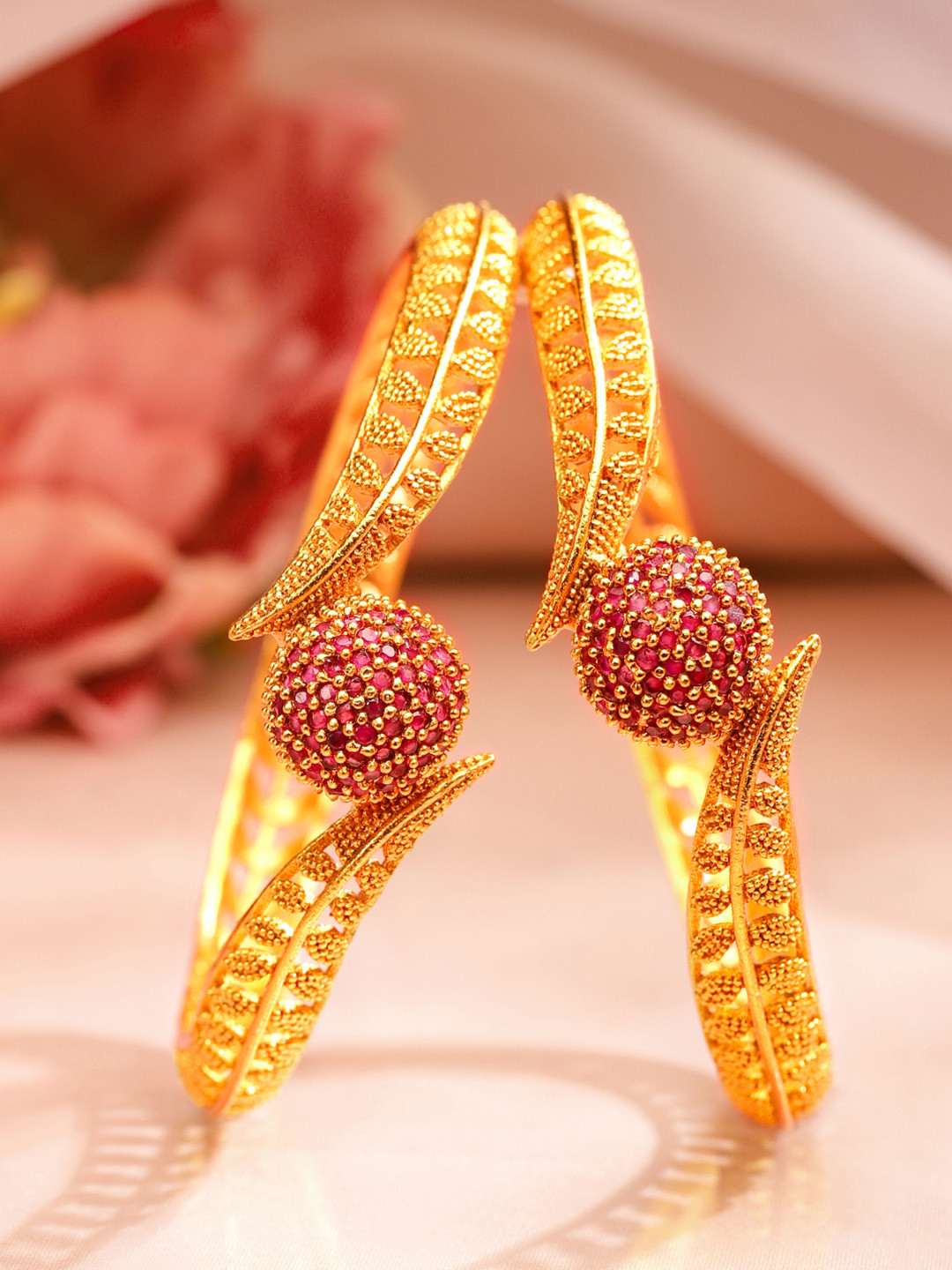 Rubans Set of 2 18K Gold Plated Ruby Red Studded Geru Polish Traditional Bangles