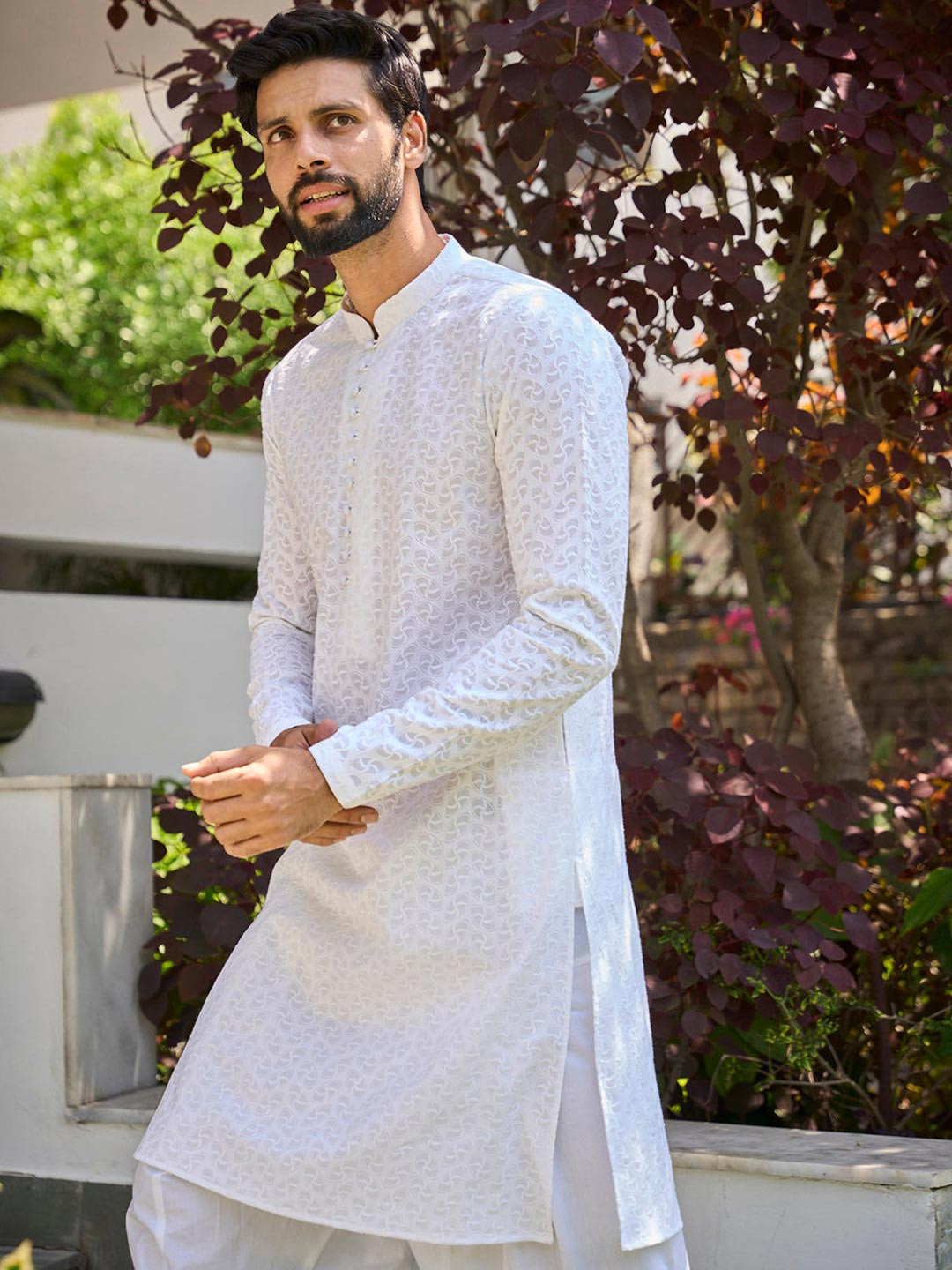 See Designs Men White Geometric Embroidered Regular Pure Cotton Kurta with Pyjamas