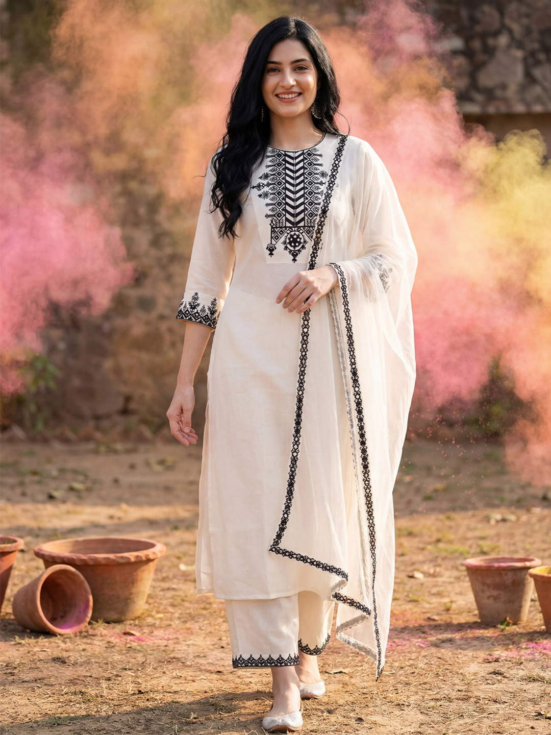 Indo Era Women White Floral Yoke Design Regular Mirror Work Kurta with Palazzos & With Dupatta
