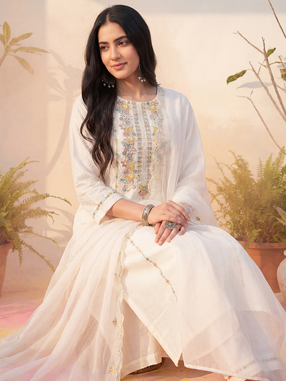 Indo Era Women Embroidered Thread Work Pure Cotton Kurta with Trousers & With Dupatta