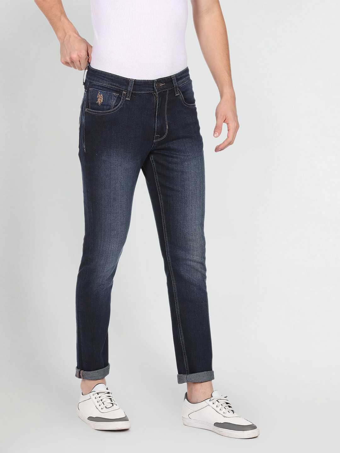 U S Polo Assn Denim Co Men Blue Slim Tapered Fit Heavy Fade Stretchable Jeans