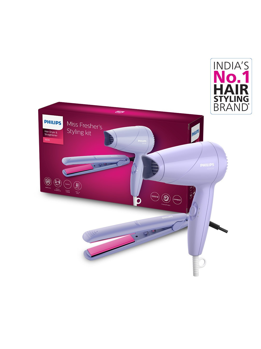 Philips HP8643/56 Miss Freshers Hair Styling Kit - Hair Straightener + Hair Dryer - Purple