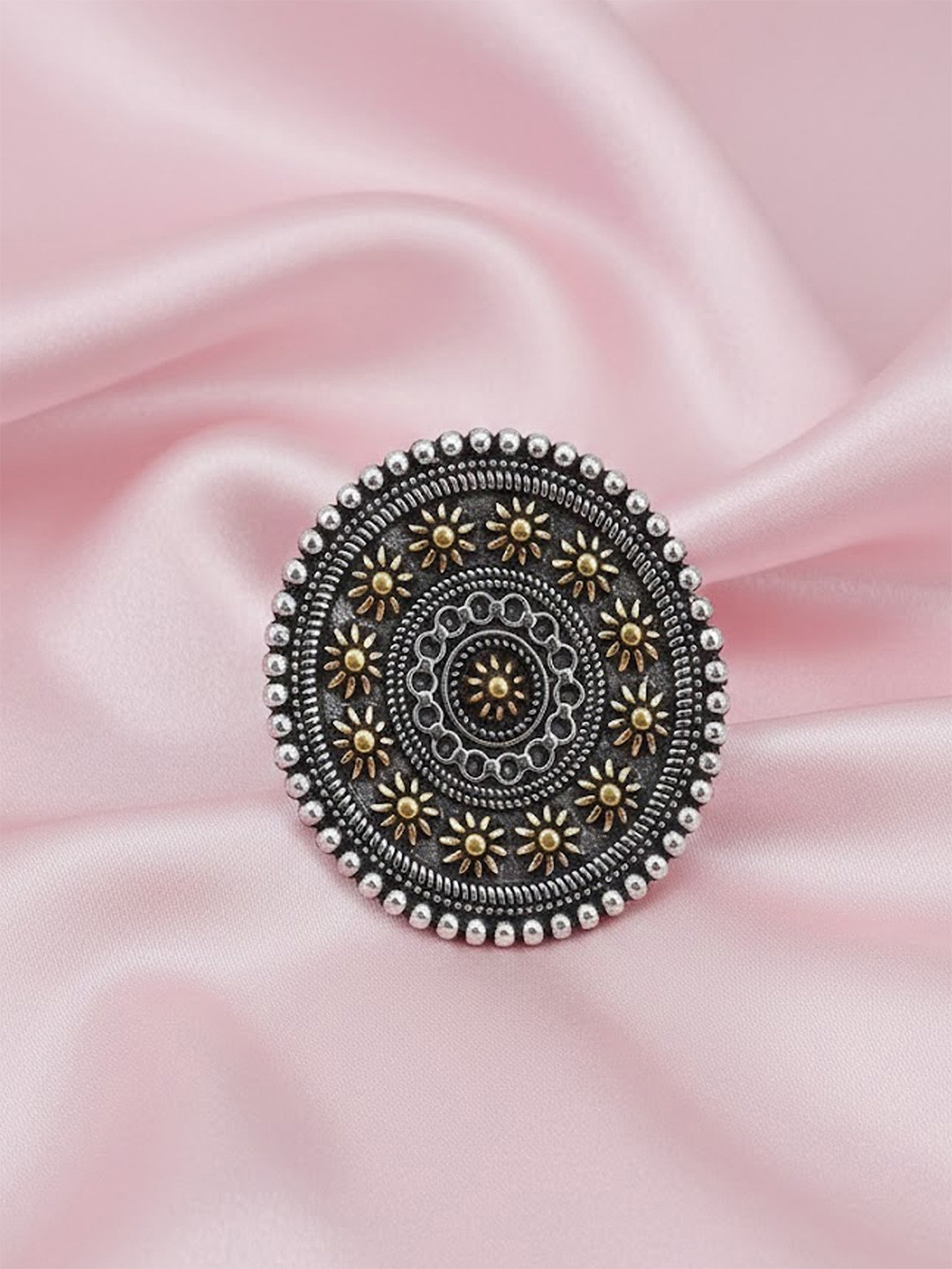 Adwitiya Collection Oxidized Silver-Plated Circular-Shaped Adjustable Finger Ring