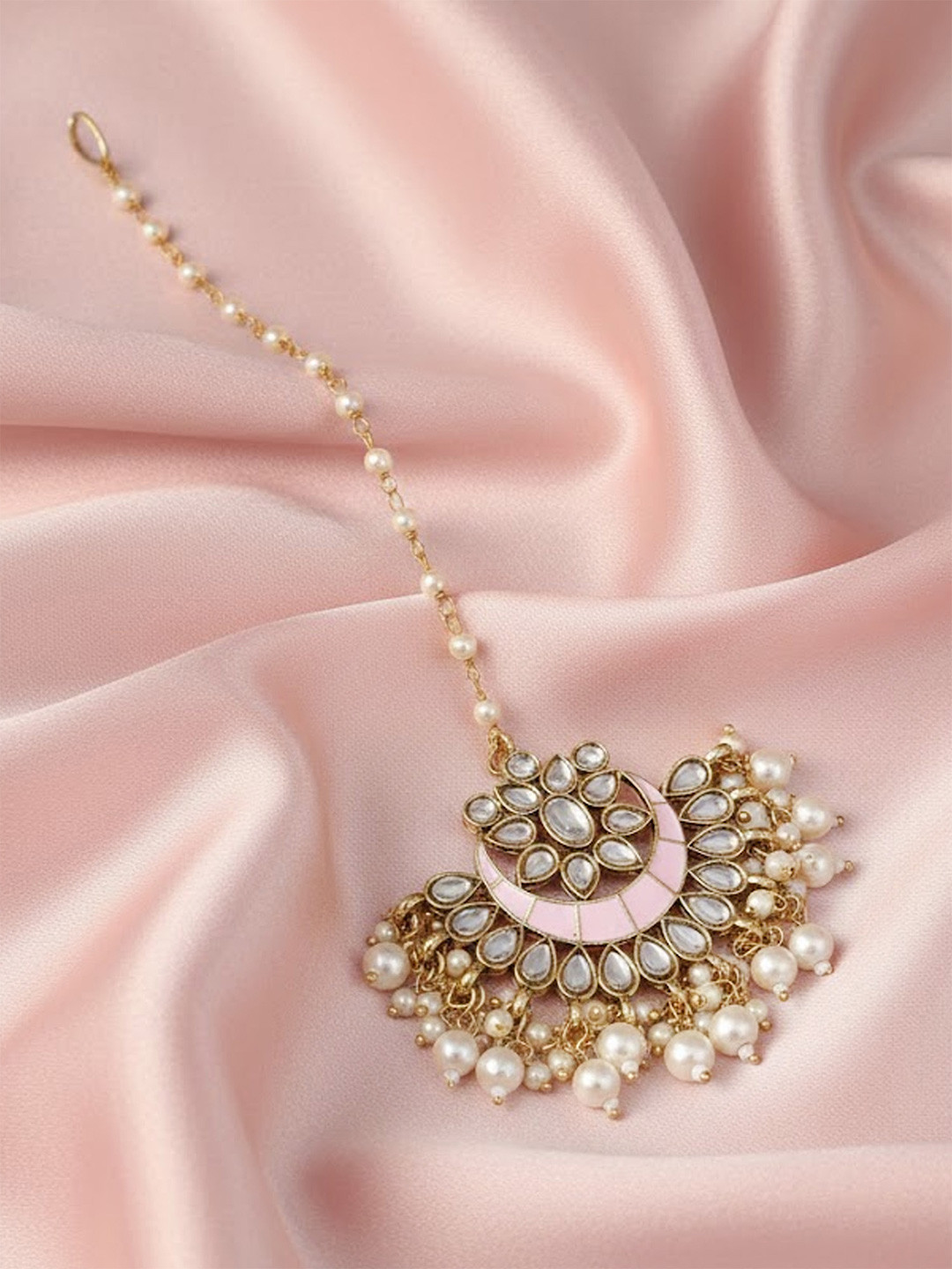 Adwitiya Collection Stone Studded & Beaded Gold Plated Moon Shaped Maang Tikka