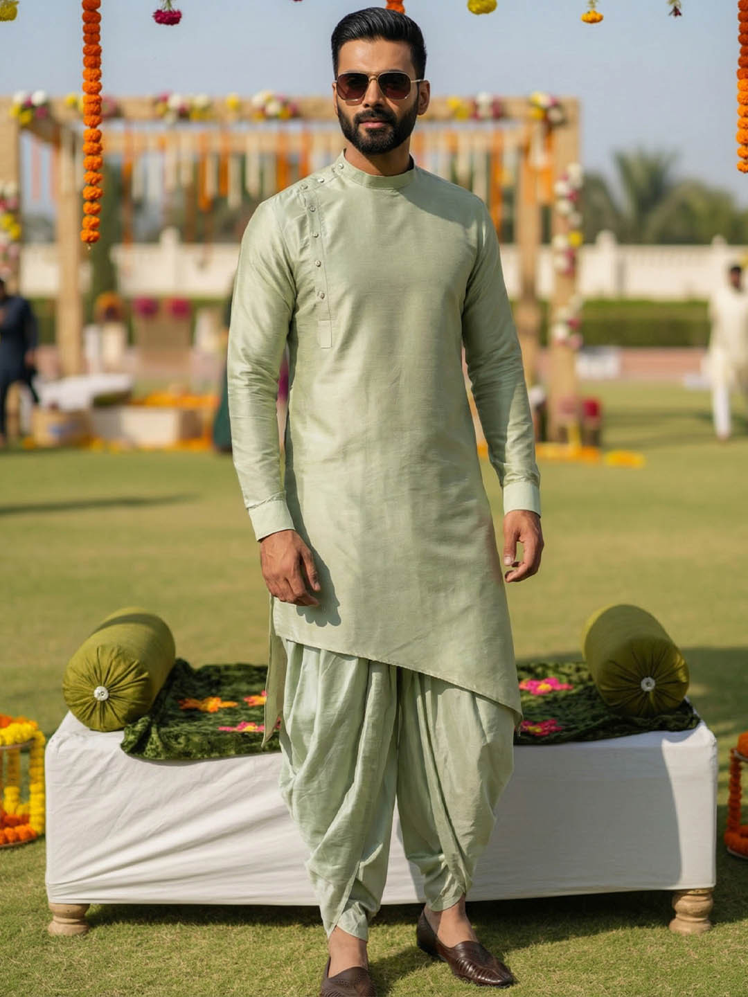 KISAH Men Regular Fit Solid Asymmetric Kurta Dhoti Set