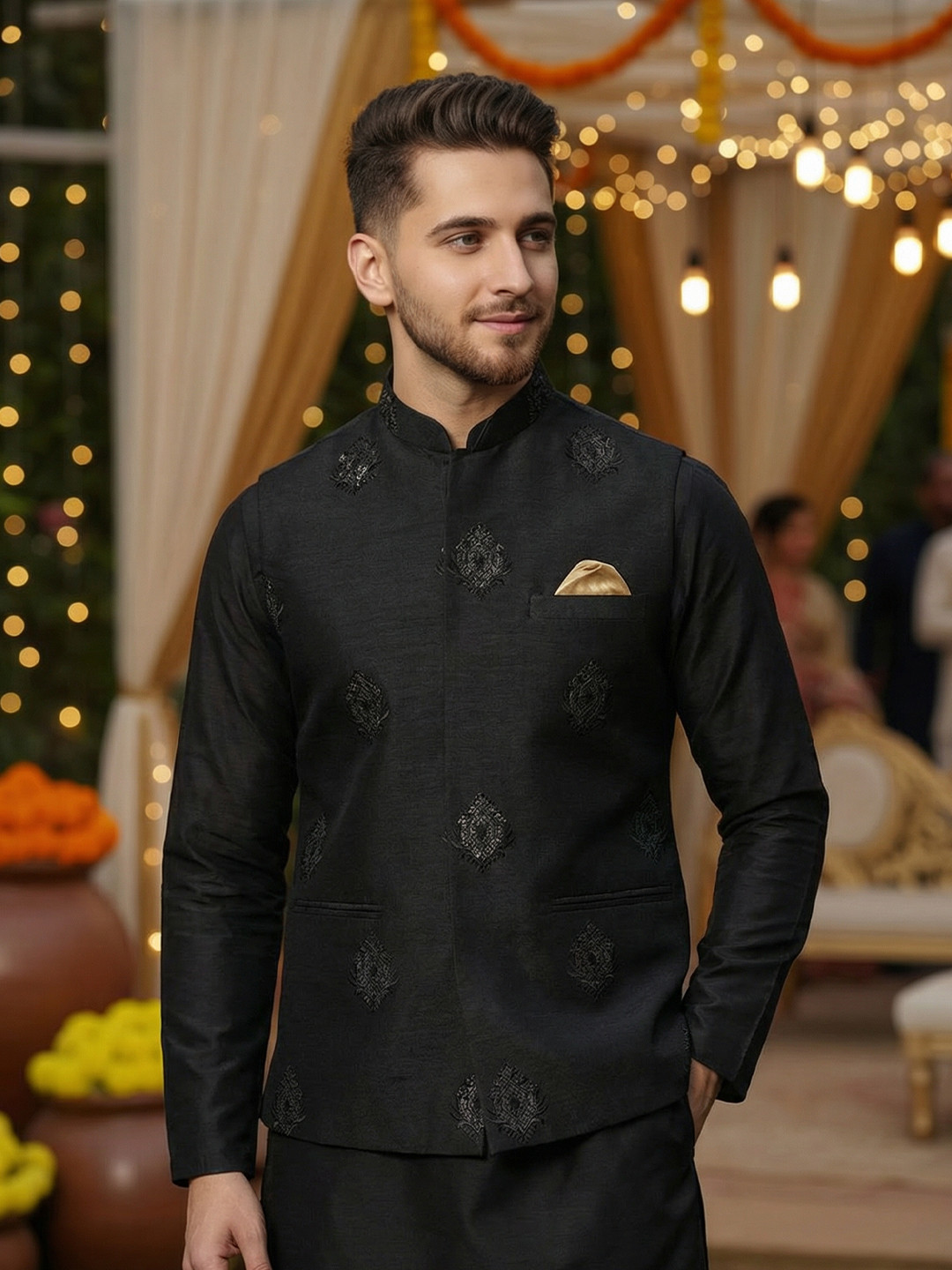 KISAH Men Embroidered Regular Fit Ethnic Motifs Nehru Jacket