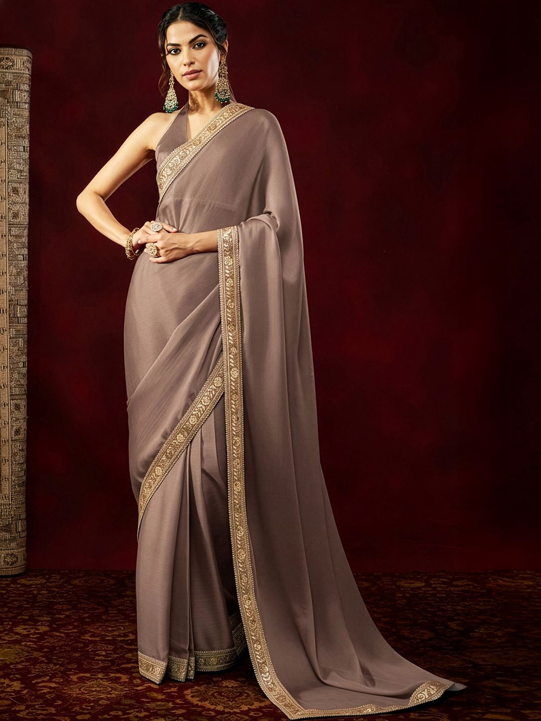 Janasya Women's Brown Silk Blend Ready To Wear Embellished Saree with Unstitched Blouse