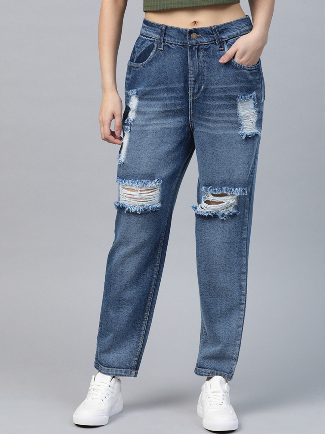 SASSAFRAS Women Blue Pure Cotton High-Waist Highly Distressed Relaxed Fit Jeans