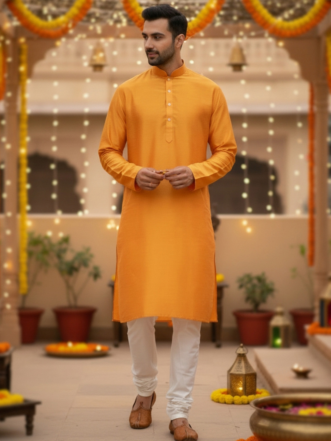 KISAH Men Yellow & White Solid Kurta with Churidar