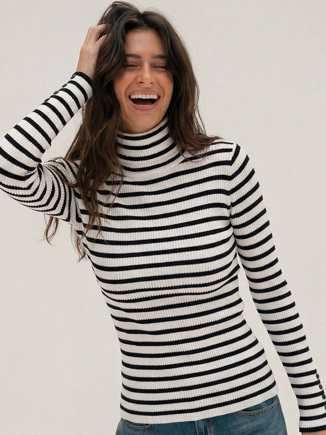 Tokyo Talkies Women White & Black Striped Sweater