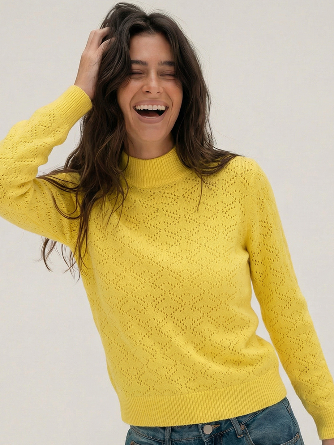 Tokyo Talkies Women Yellow Solid High Neck Long Sleeve Pullover