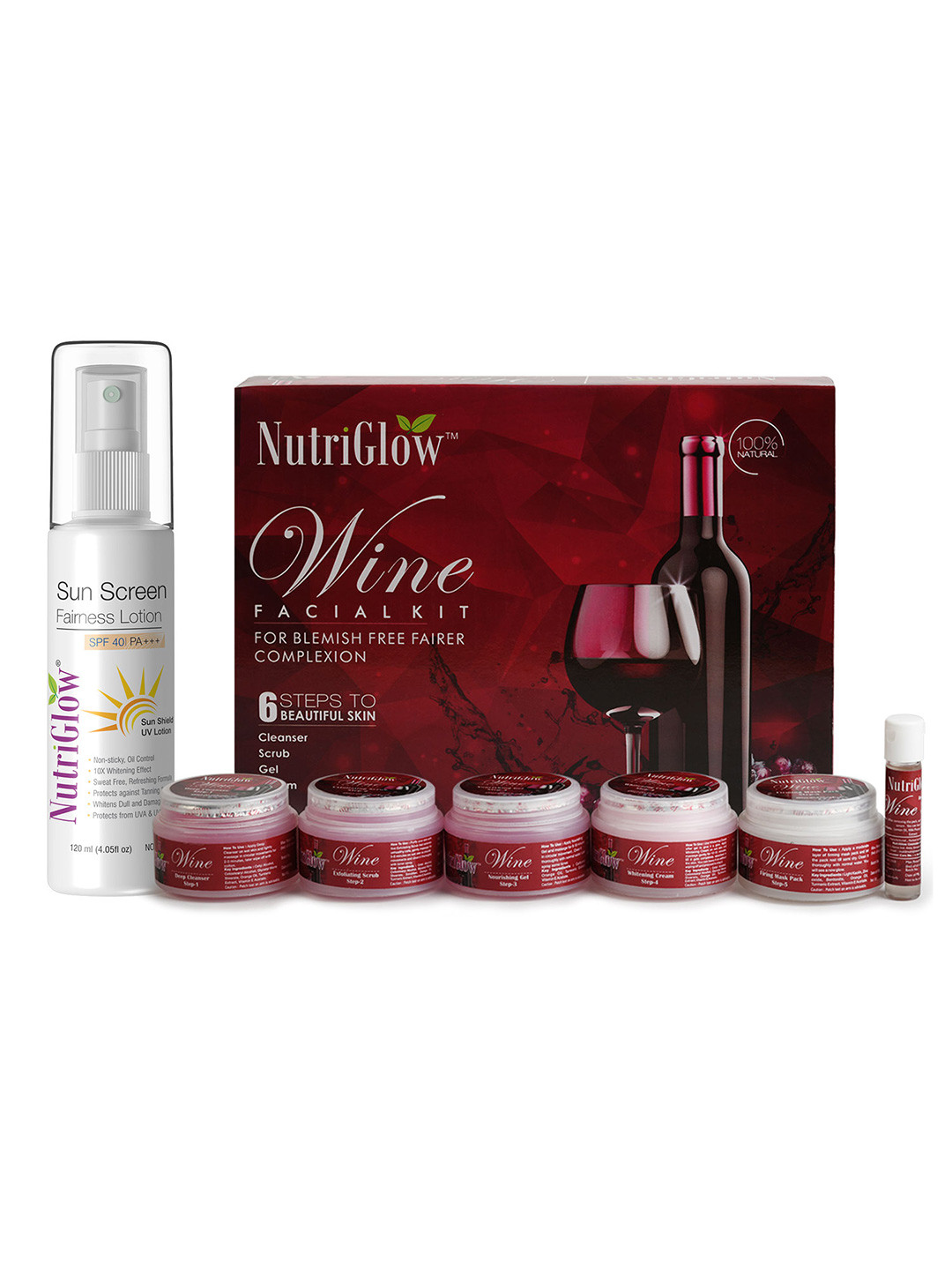 NutriGlow Wine Facial Kit 250g + 10ml & Sun Screen Fairness Lotion SPF 40 120ml