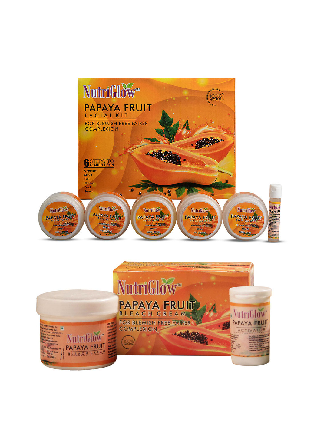 NutriGlow Papaya Fruit Facial Kit For Glowing Skin - Tan Removal - Bleach Cream