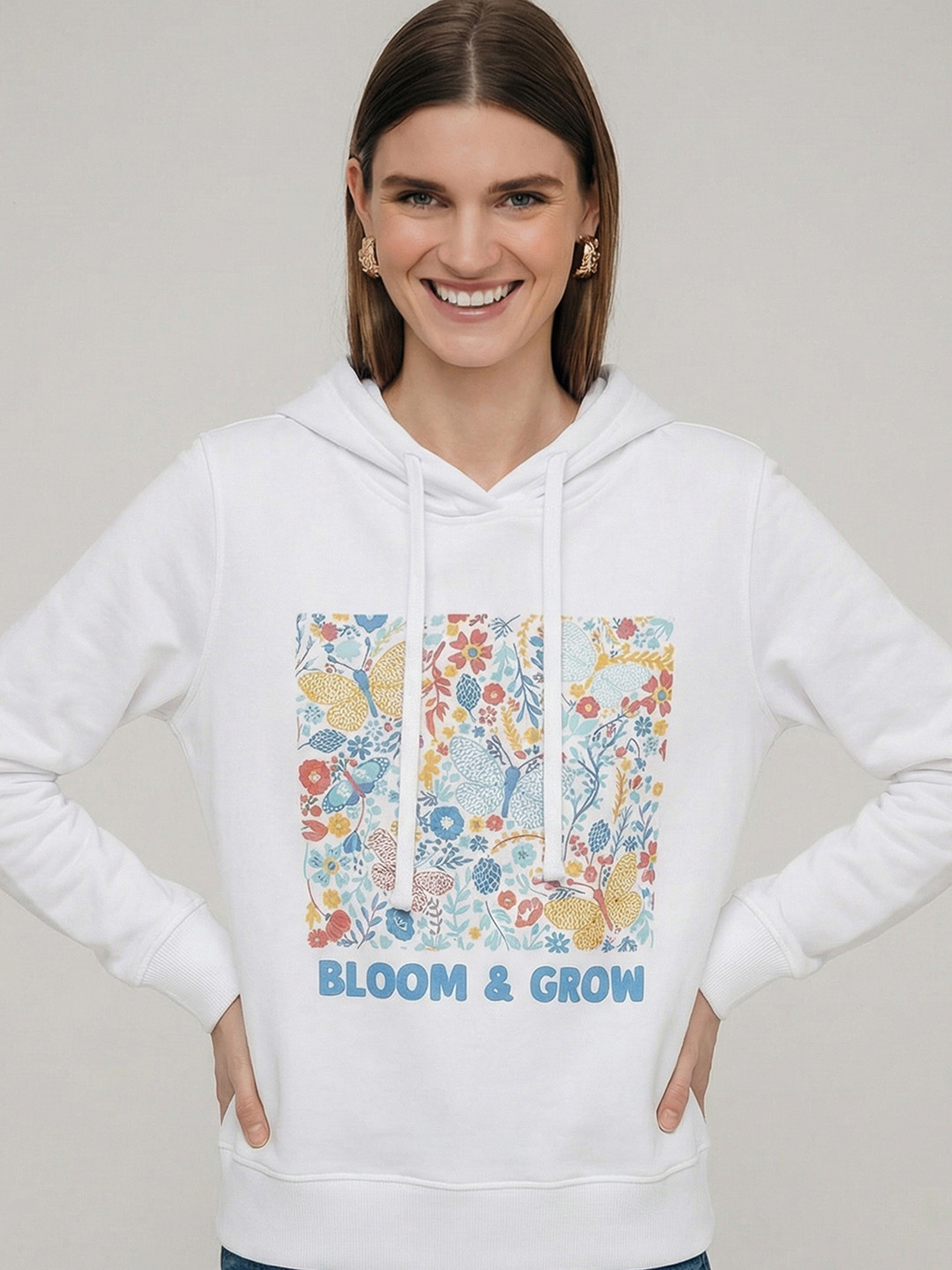 Tokyo Talkies Women White Printed Hooded Sweatshirt