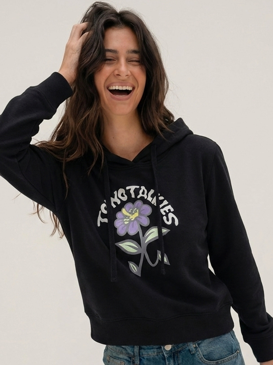 Tokyo Talkies Women Black Printed Hooded Sweatshirt