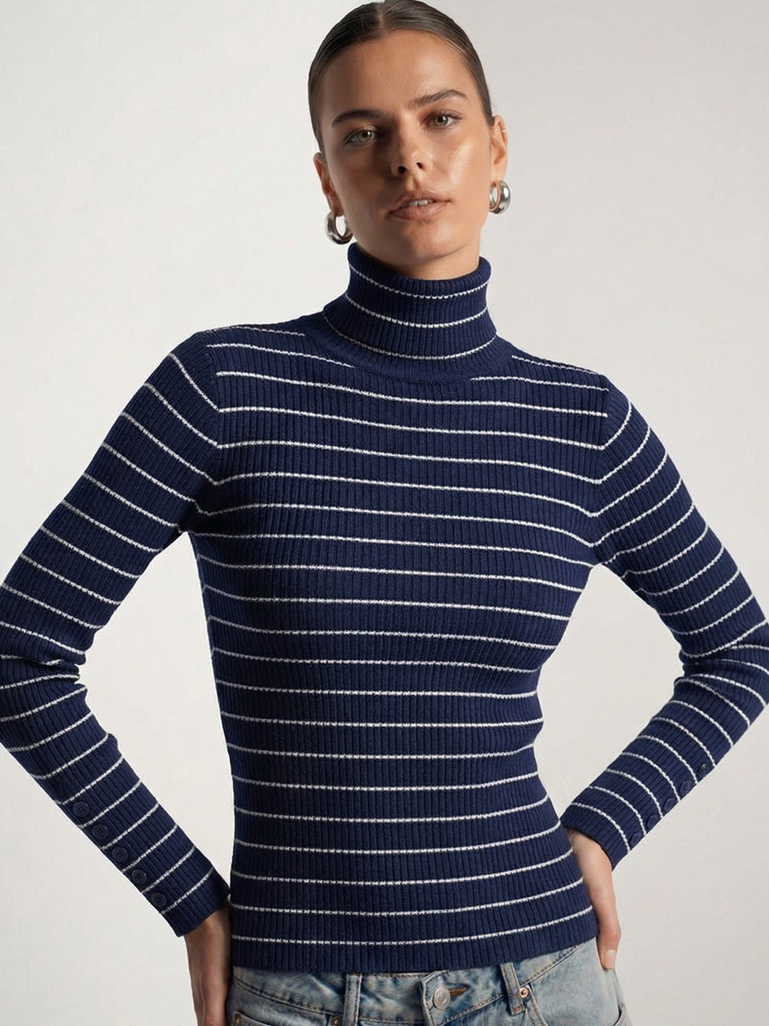 Tokyo Talkies Women Navy Blue & White Striped Acrylic Pullover