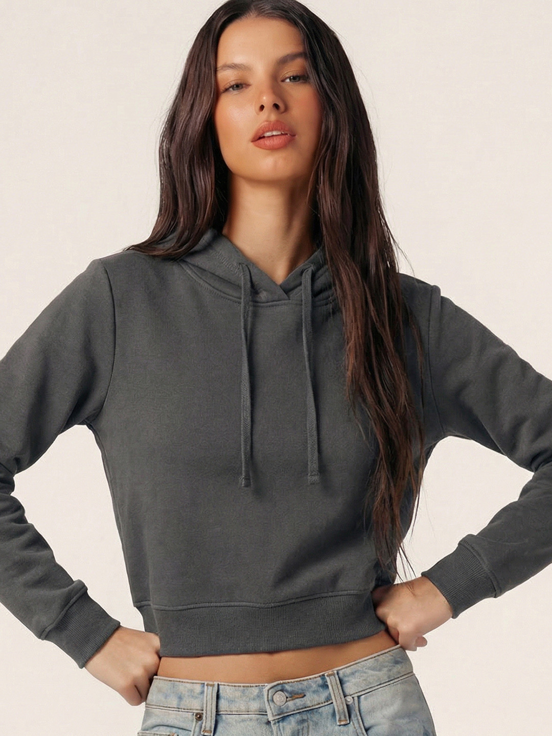 Tokyo Talkies Women Charcoal Hooded Sweatshirt